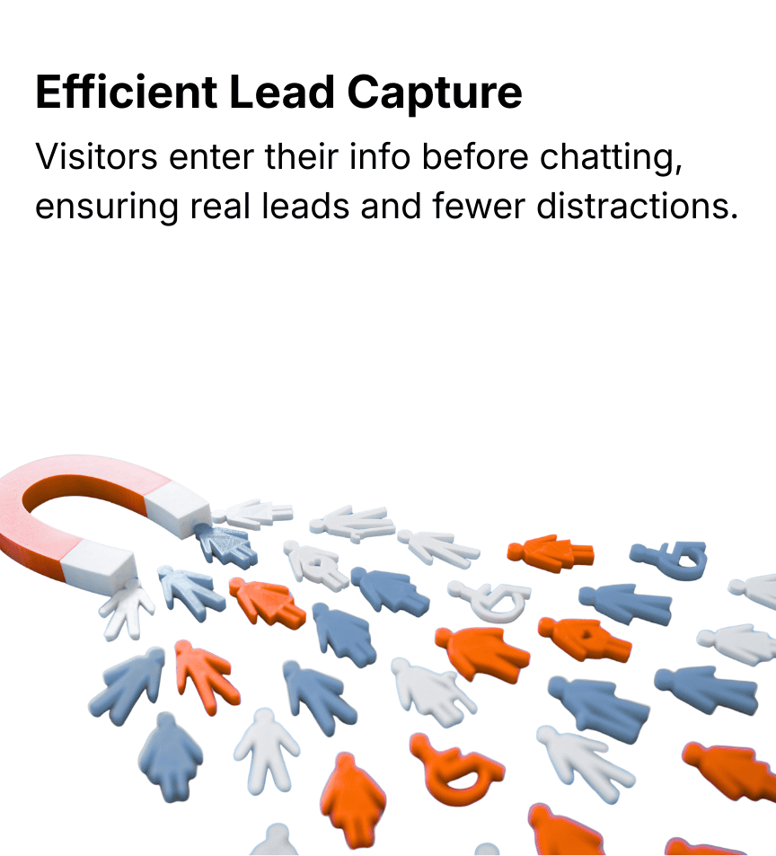 Efficient Lead Capture Visitors enter their info before chatting, ensuring real leads and fewer distractions.