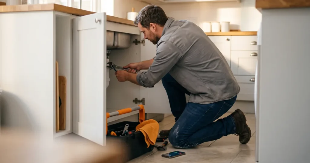 Plumber fixing a kitchen sink while an incoming call lights up his phone on the floor beside his toolbox