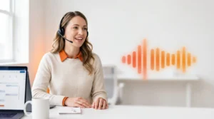 Live receptionist with a headset beside an AI voice waveform, comparing human and AI answering services